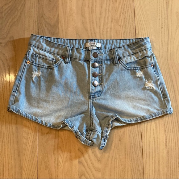 Forever 21 Button Front Light Wash Distressed Jean Shorts - Picture 2 of 6